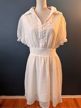 Smocked-Waist White Swiss Dot Midi Dress
